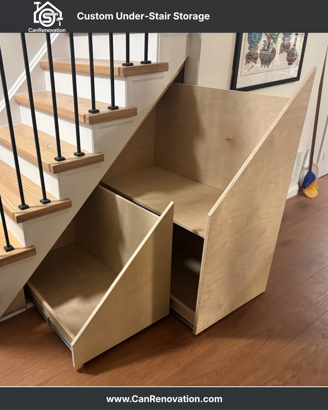 Unused space beneath staircase before custom storage construction in Toronto home