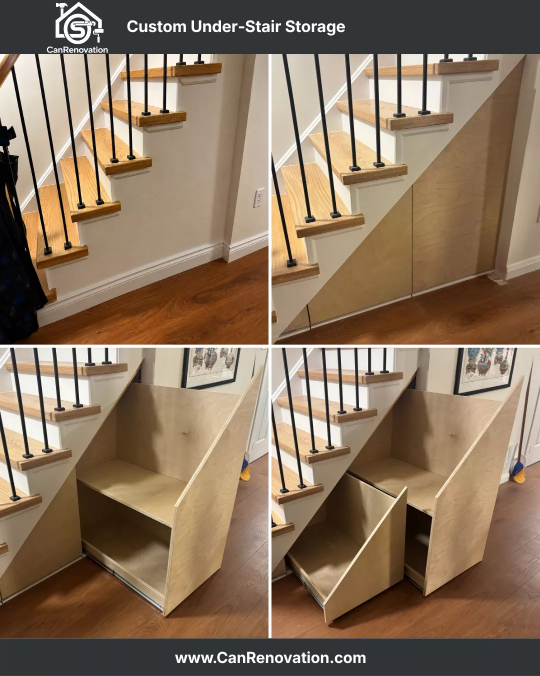 Custom carpentry work during under stair storage construction and installation in Toronto