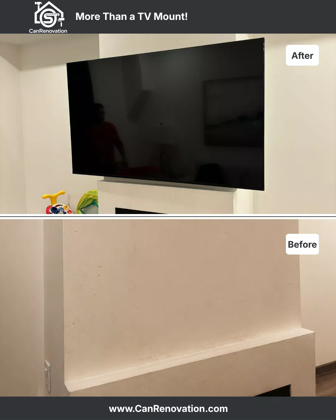Large TV mounted above fireplace with professional installation in Toronto home