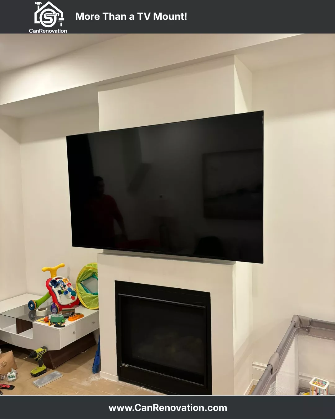 Wall preparation before installing a large TV above fireplace in Toronto home