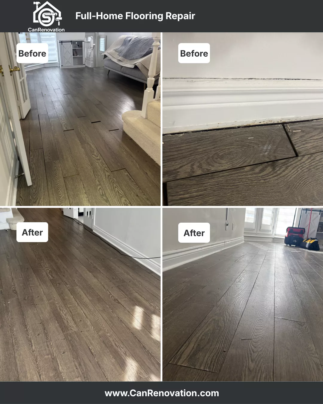 Large gaps and damaged hardwood flooring before repair in Toronto home